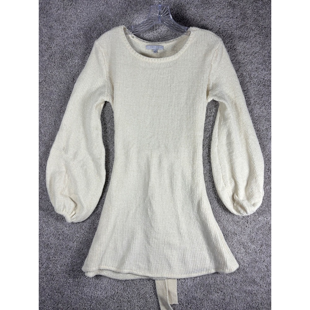 FAVLUX FASHION Cream Ribbed Balloon Sleeve Sweater Dress Belted Size Small
